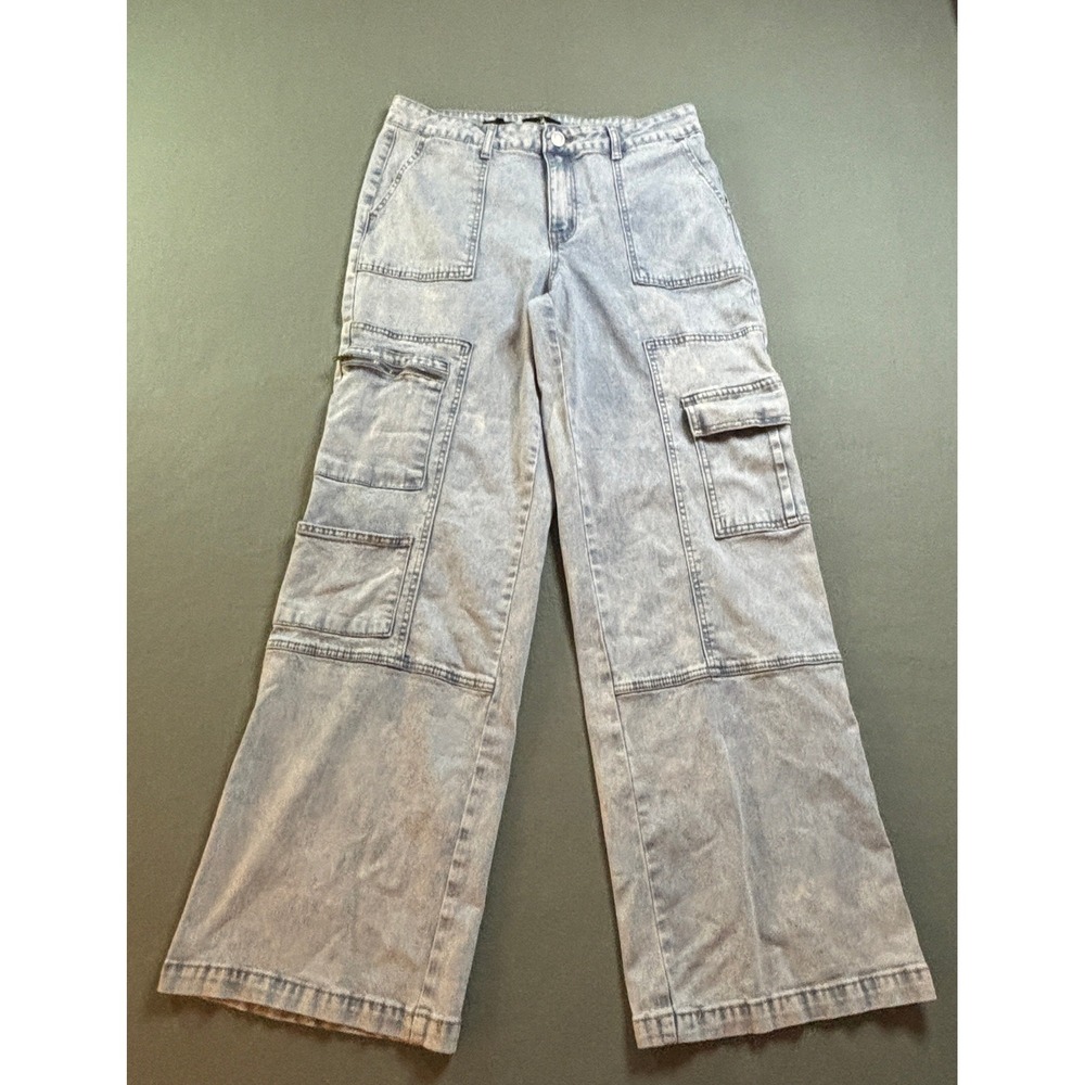 Zoe by Zoe + Phoebe Womens 13 Acid Wash Mid Rise Cargo Wide Leg Jeans Light Blue